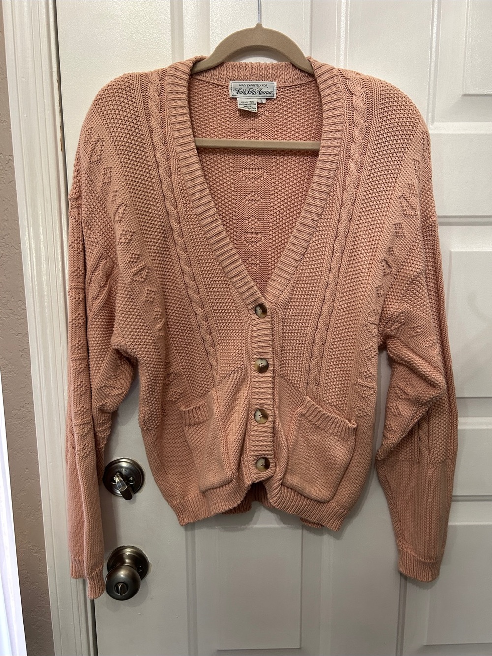 Vintage Saks Fifth Avenue Peach Cable-Knit Button Cardigan 100% Cotton